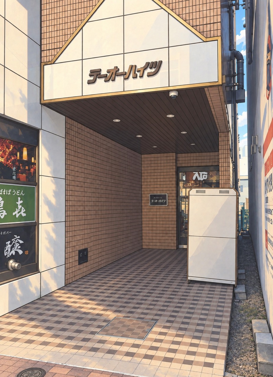 テーオーハイツの建物名とマンション入口を描いたイラスト